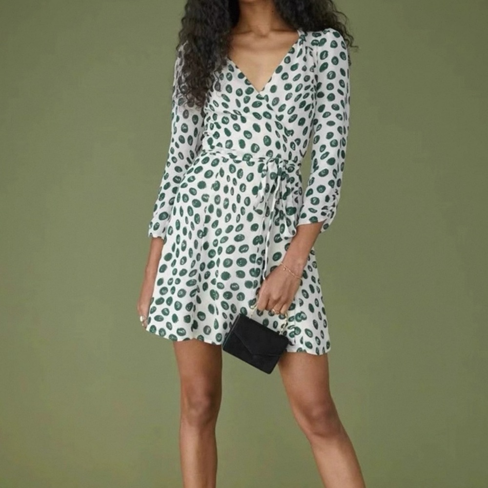 Reformation White and Green Polka Dot Mini Dress